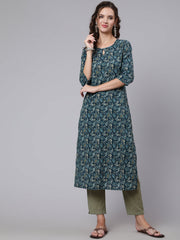 Women Teal Blue Printed straight kurta with three quarter sleeves