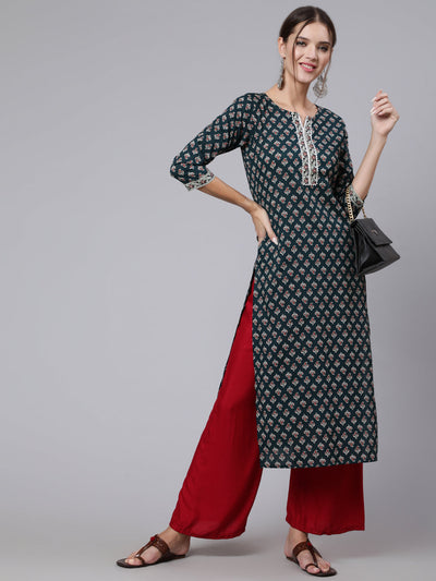 Women Green Printed straight kurta with three quarter sleeves