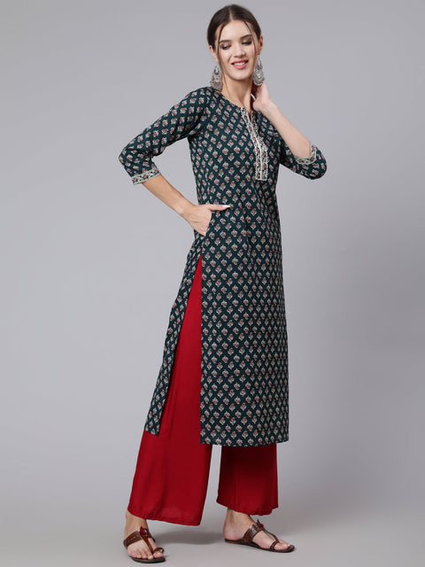 Women Green Printed straight kurta with three quarter sleeves