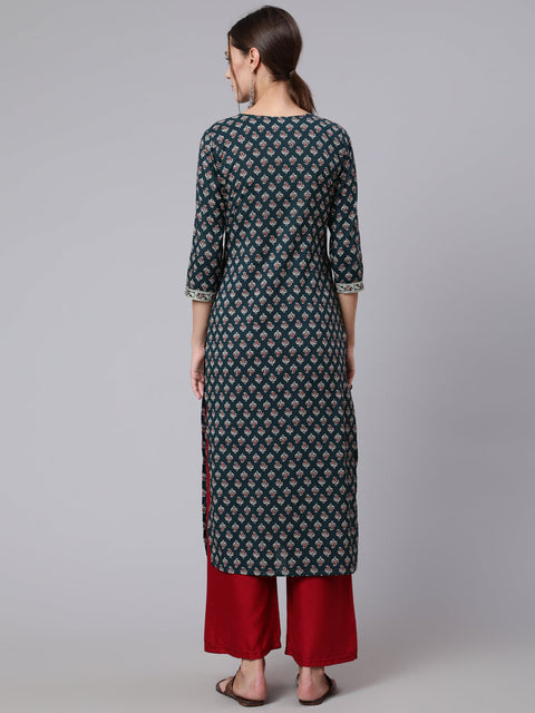 Women Green Printed straight kurta with three quarter sleeves