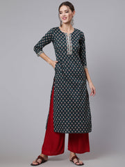 Women Green Printed straight kurta with three quarter sleeves