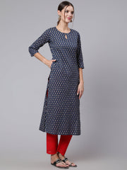 Women Blue Printed straight kurta with three quarter sleeves