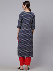 Women Blue Printed straight kurta with three quarter sleeves