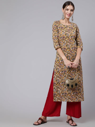 Women Yellow Printed straight kurta with three quarter sleeves