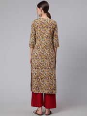Women Yellow Printed straight kurta with three quarter sleeves