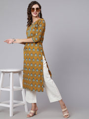 Women Yellow Printed straight kurta with three quarter sleeves