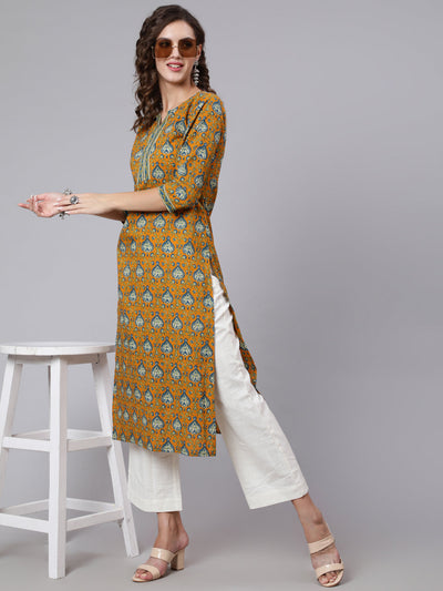 Women Yellow Printed straight kurta with three quarter sleeves