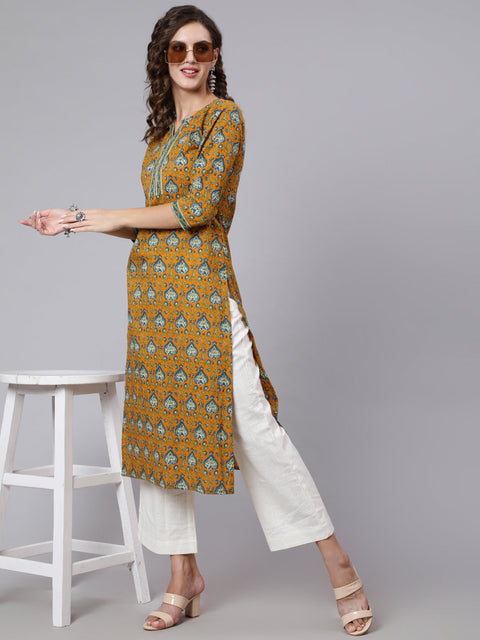 Women Yellow Printed straight kurta with three quarter sleeves