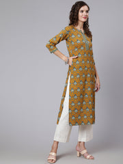 Women Yellow Printed straight kurta with three quarter sleeves