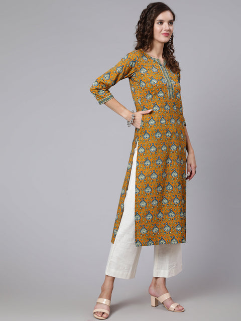 Women Yellow Printed straight kurta with three quarter sleeves