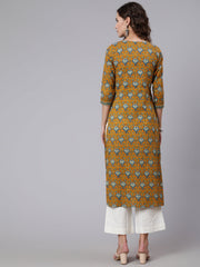 Women Yellow Printed straight kurta with three quarter sleeves