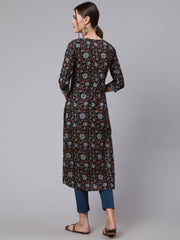Women Black Printed straight kurta with three quarter sleeves