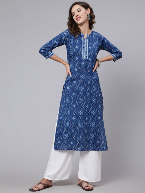 Women Blue Printed straight kurta with three quarter sleeves
