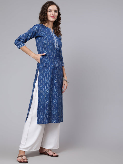 Women Blue Printed straight kurta with three quarter sleeves