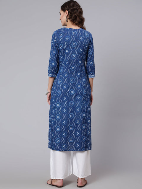 Women Blue Printed straight kurta with three quarter sleeves