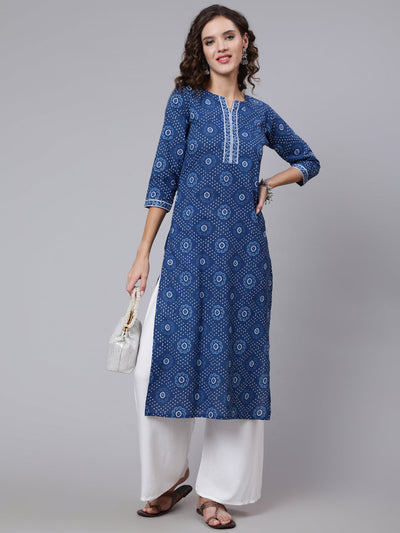 Women Blue Printed straight kurta with three quarter sleeves