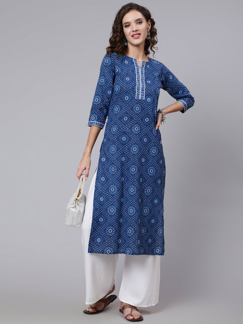 Women Blue Printed straight kurta with three quarter sleeves
