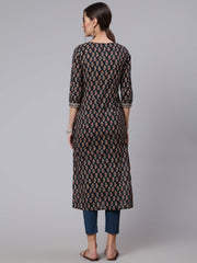 Women Black Printed straight kurta with three quarter sleeves