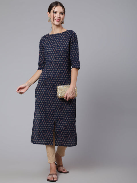 Women Blue Printed straight kurta with three quarter sleeves