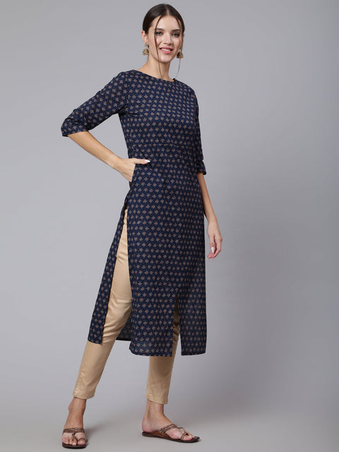 Women Blue Printed straight kurta with three quarter sleeves