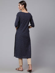 Women Blue Printed straight kurta with three quarter sleeves
