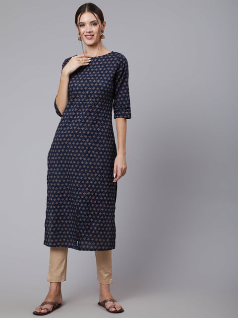 Women Blue Printed straight kurta with three quarter sleeves