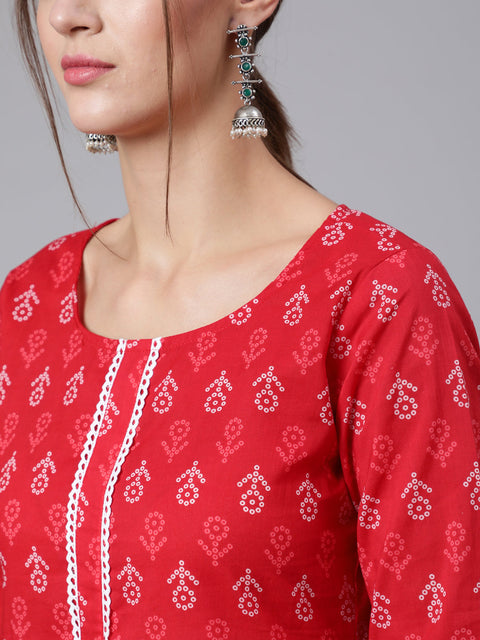 Women Red Printed straight kurta with three quarter sleeves