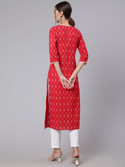 Women Red Printed straight kurta with three quarter sleeves