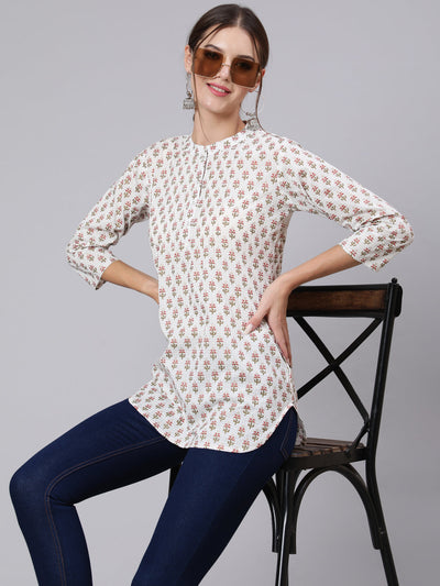 Women Off-White Straight Tunic With Three Quaretr Sleeves