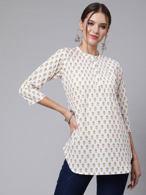 Women Off-White Straight Tunic With Three Quaretr Sleeves