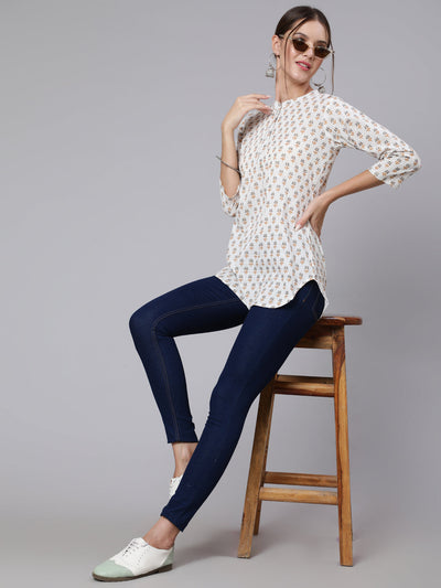 Women Off-White Straight Tunic With Three Quaretr Sleeves