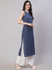 Women Blue Ethnic Straight Sleeveless Kurta