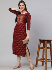 Women Maroon Printed Straight Kurta With Three Quarter Sleeves