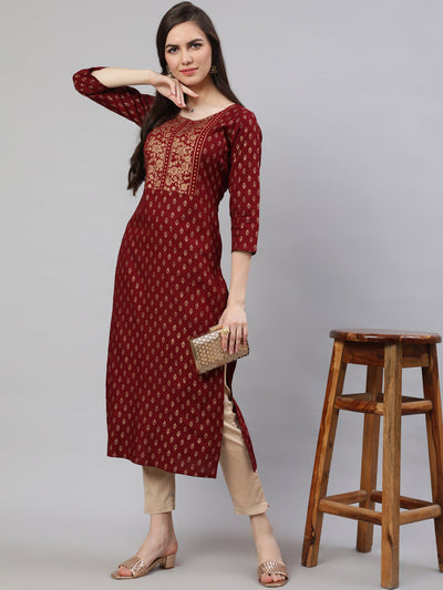 Women Maroon Printed Straight Kurta With Three Quarter Sleeves