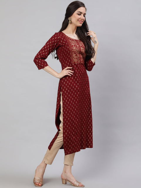 Women Maroon Printed Straight Kurta With Three Quarter Sleeves