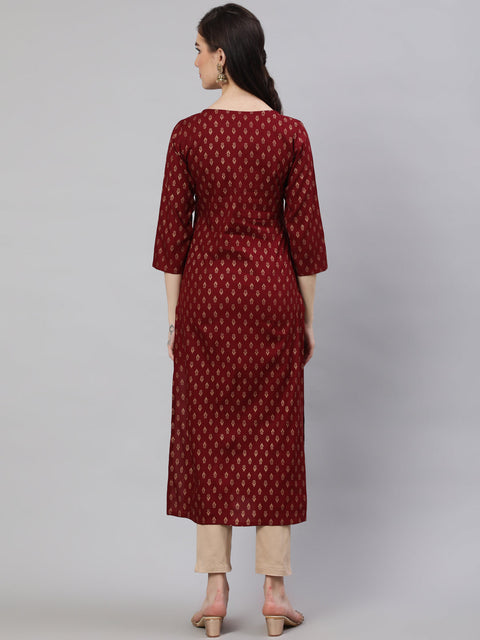 Women Maroon Printed Straight Kurta With Three Quarter Sleeves