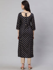 Women Navy Blue Ethnic Printed Straight Kurta with Three Quarter Sleeves