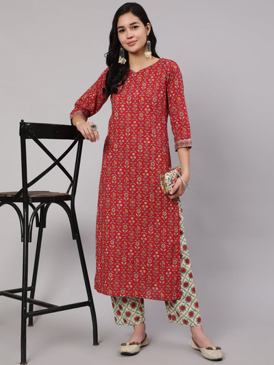 Women Red Printed straight kurta with three quarter sleeves