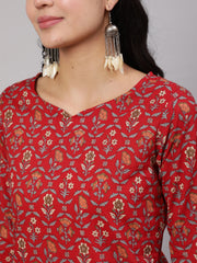 Women Red Printed straight kurta with three quarter sleeves