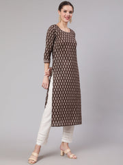 Women Brown Ethnic Printed Straight Kurta With Three Quarter Sleeves