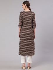 Women Brown Ethnic Printed Straight Kurta With Three Quarter Sleeves
