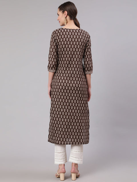 Women Brown Ethnic Printed Straight Kurta With Three Quarter Sleeves