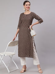 Women Brown Ethnic Printed Straight Kurta With Three Quarter Sleeves