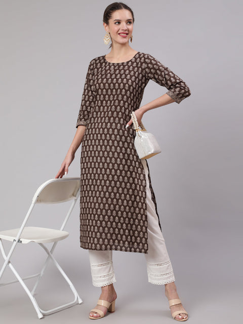 Women Brown Ethnic Printed Straight Kurta With Three Quarter Sleeves