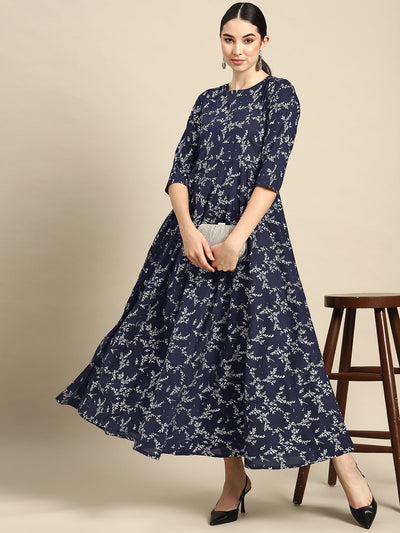 Wome Teal Blue Printed Flared Dress With Three quarter Sleeves