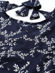 Wome Teal Blue Printed Flared Dress With Three quarter Sleeves