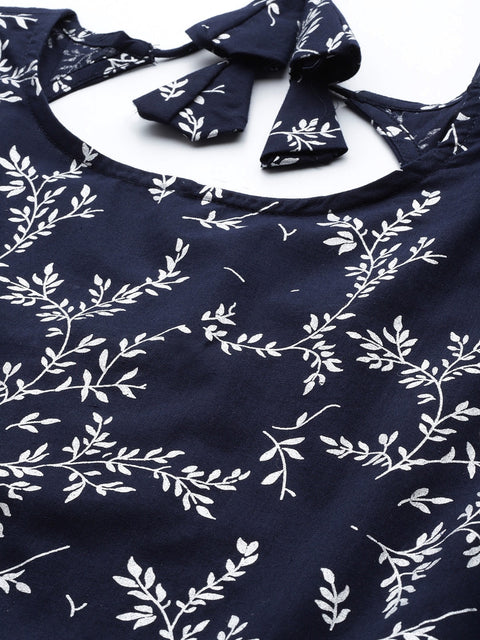 Wome Teal Blue Printed Flared Dress With Three quarter Sleeves