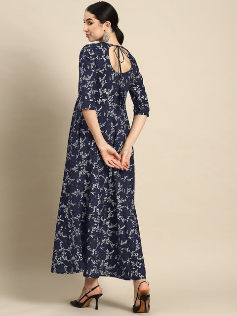 Wome Teal Blue Printed Flared Dress With Three quarter Sleeves