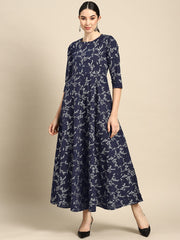 Wome Teal Blue Printed Flared Dress With Three quarter Sleeves