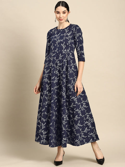 Wome Teal Blue Printed Flared Dress With Three quarter Sleeves
